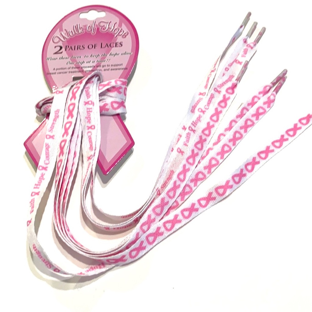 Breast Cancer Awareness Shoelaces 2 Pair Pink and White Ribbon